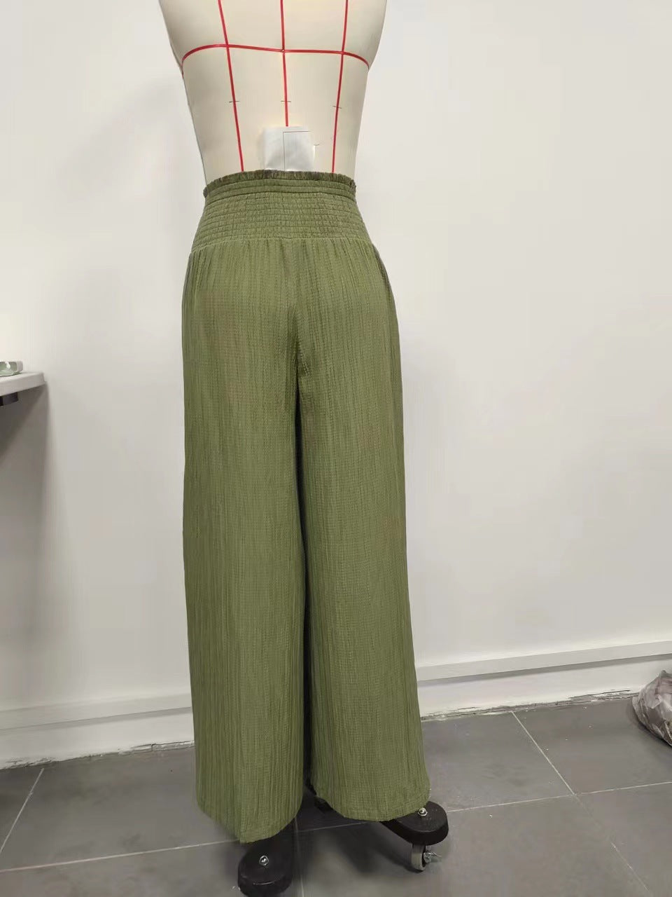 Summer High Waist Casual Three Dimensional Line Pleated Design Elastic Waist Loose Wide Leg Pants