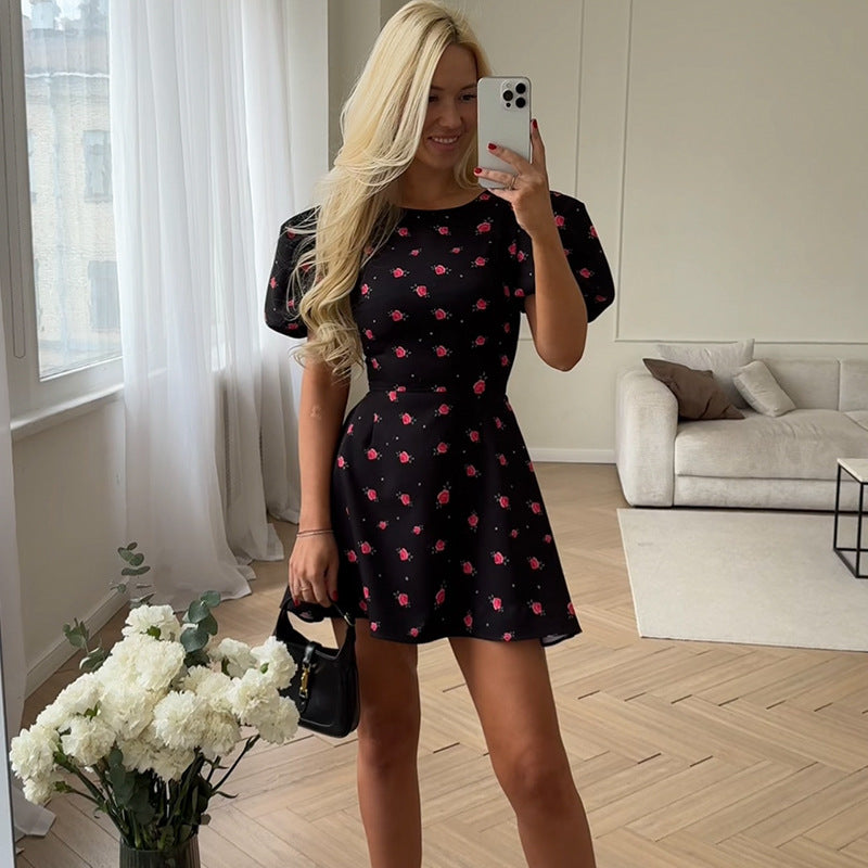 Summer Fresh Sweet Puff Sleeve Small High Waist Floral Dress Slim A Line Dress