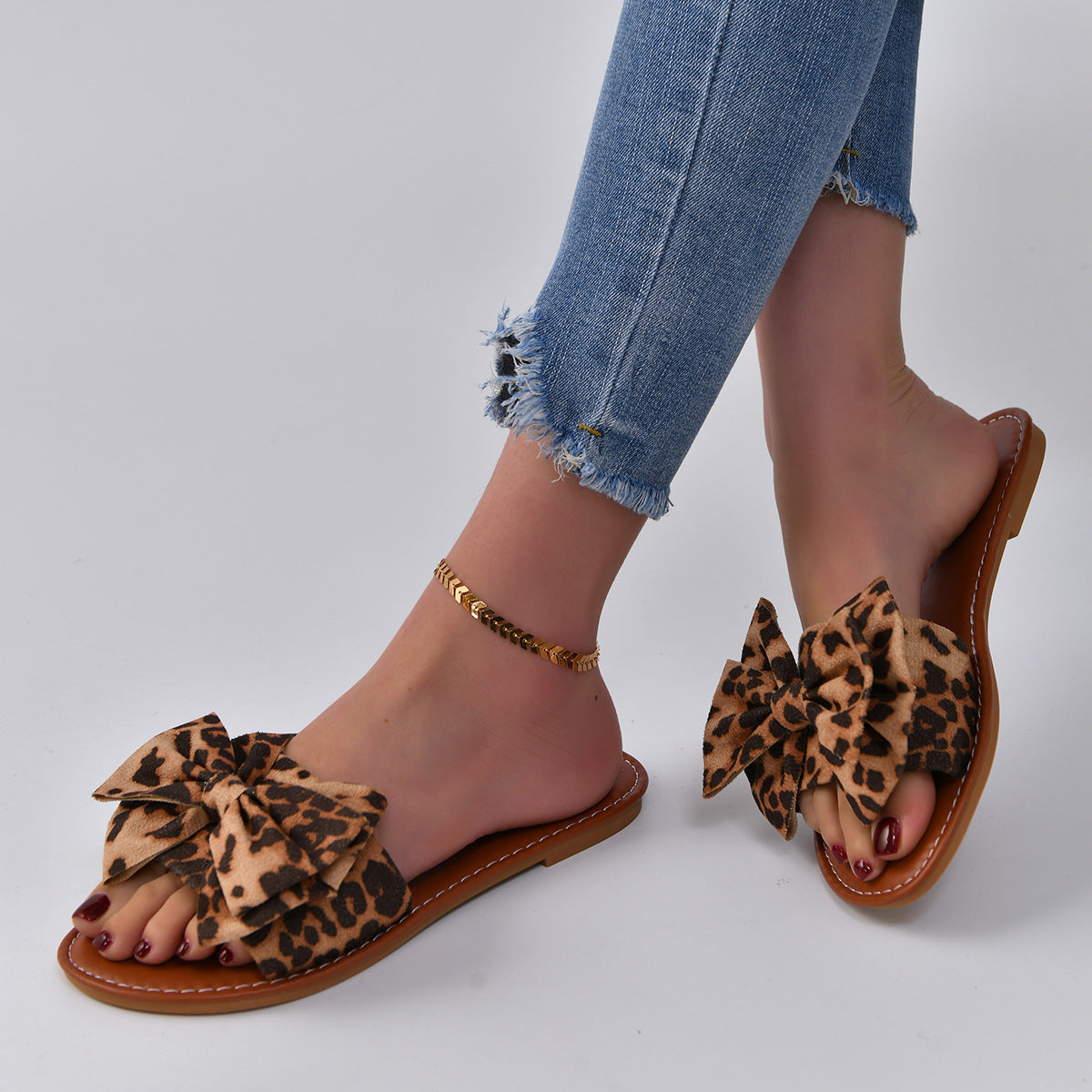 Leopard Bow Slippers Women Lightweight Flat Vacation Beach Sandals