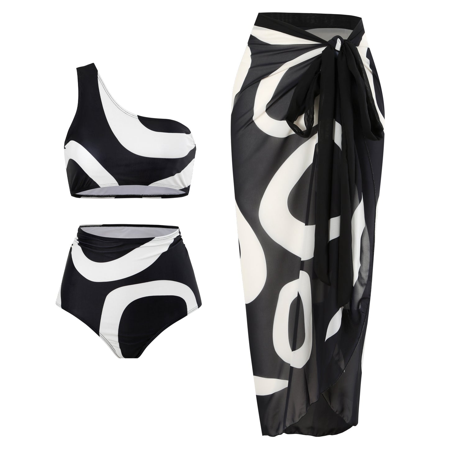 Retro Split Swimsuit Sexy One Shoulder Swimwear Chiffon Beach Skirt Set