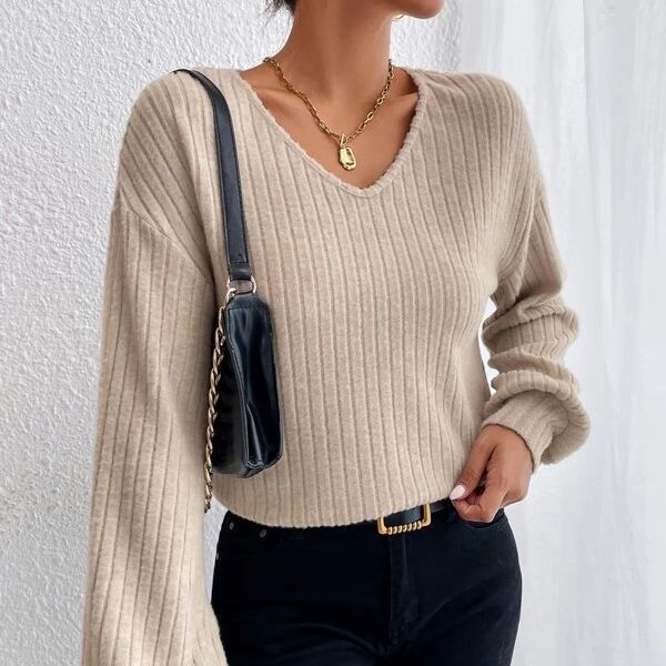Autumn Loose Knitwear V-neck Drop Shoulder Lantern Sleeve T Women