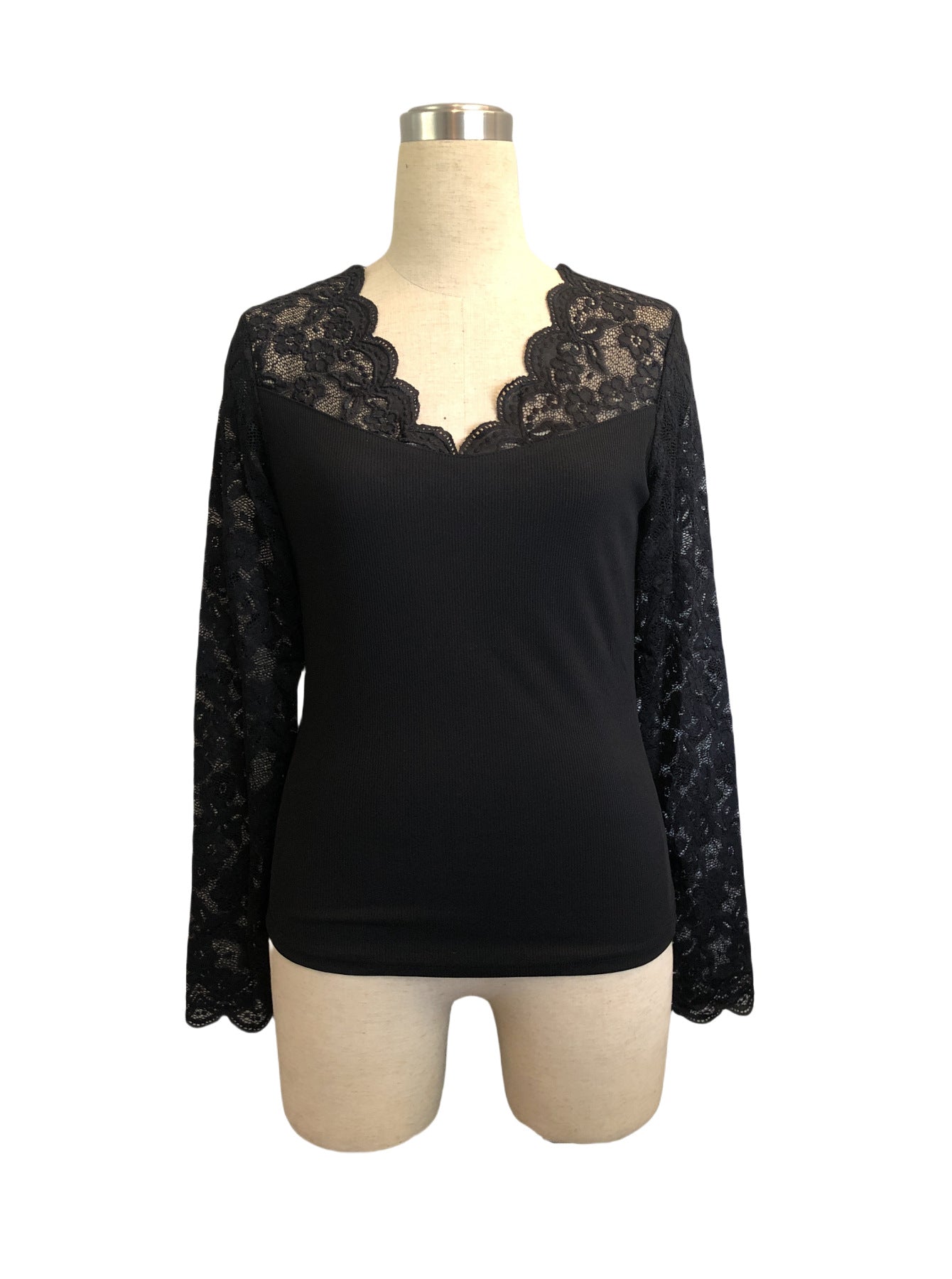 Fan Shaped V neck Lace Slim Fit Patchwork Slimming T shirt Long Sleeve Top for Women