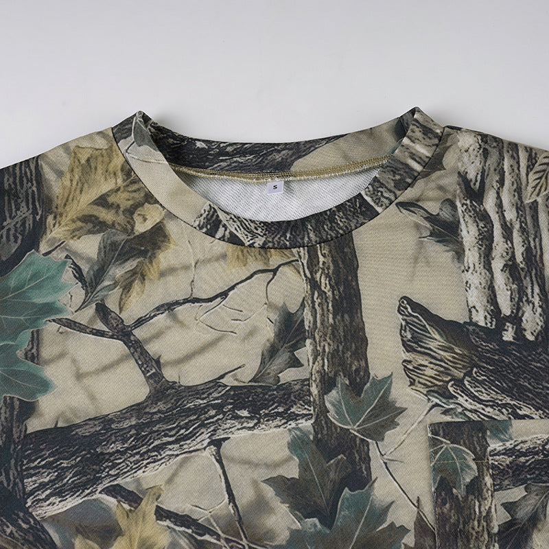 Retro Casual Camouflage Leaf Print Long Sleeve Crew Neck Sweater Spring Autumn Loose Long Sleeve Street Top