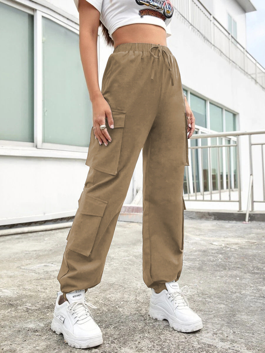 High Street Hip Hop Women Pants Trendy Trousers Multi Pocket Street Overalls Loose Straight Leg Ankle Banded Pants