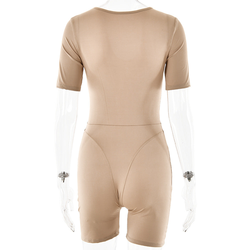 Popular Sexy Tight Jumpsuit Spring Summer Short Sleeve V Neck Patchwork Bottoming Shirt Women