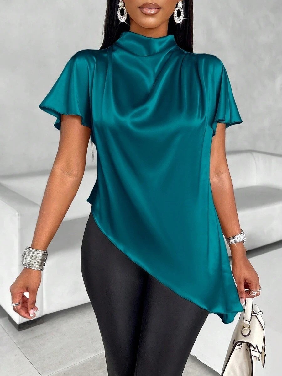 Satin Shirt Autumn Winter Batwing Sleeve Asymmetric Hem Shirt Top
