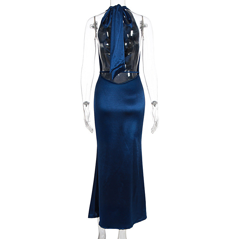 Women Clothing Maxi Dress Sexy Halter Swing Collar Backless High Grade Dress Women