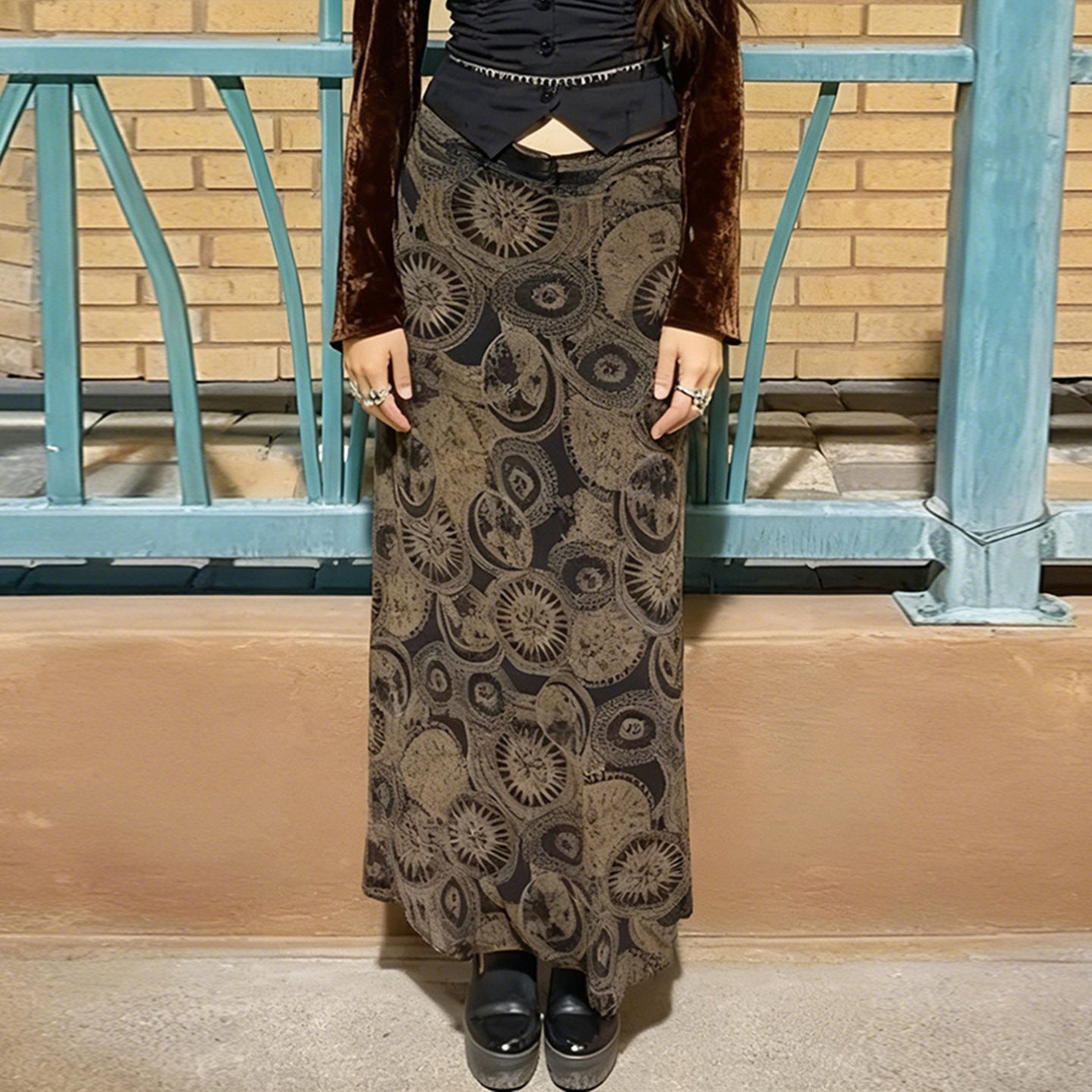 Ethnic Print Distressed Retro High Waist Cover Slimming Spring Summer Elegant Circle Maxi Skirt