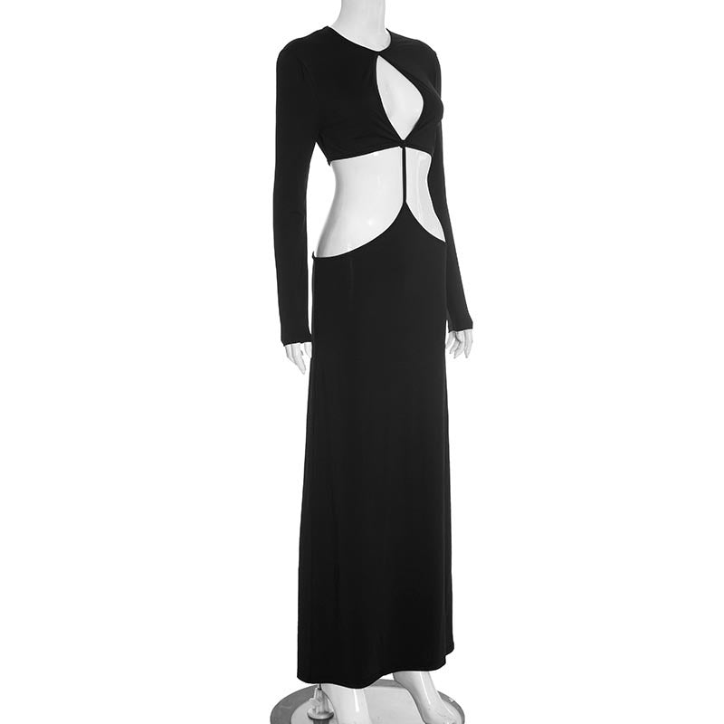 Women Clothing Autumn Solid Color Casual Slim Fit Long Sleeve Cropped Outfit Stitching Hollow Out Cutout out Maxi Dress