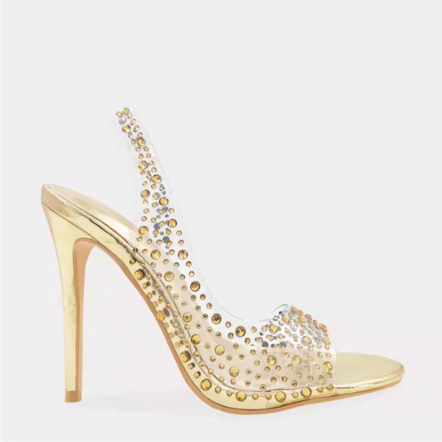 High Heel Transparent PVC Fabric Peep Toe Sandals Women Rhinestone Pointed Toe Sexy Stiletto Heel Slippers