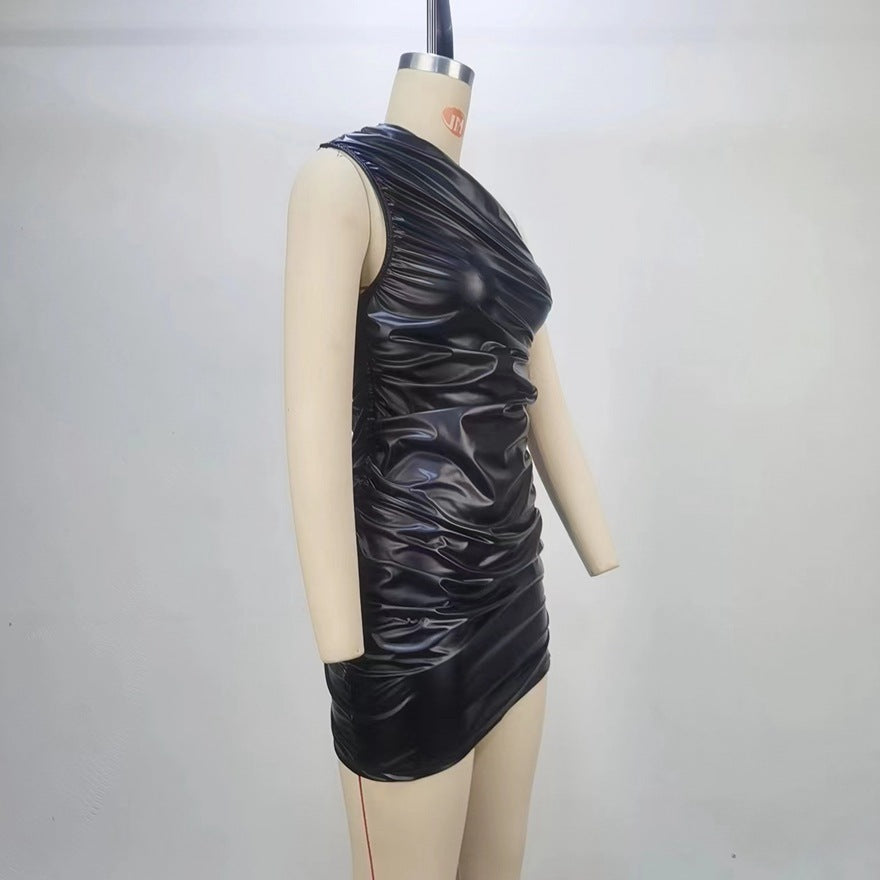 Women Clothing Summer Sleeveless Shoulder Pleated Waist Tight Sheath Dress