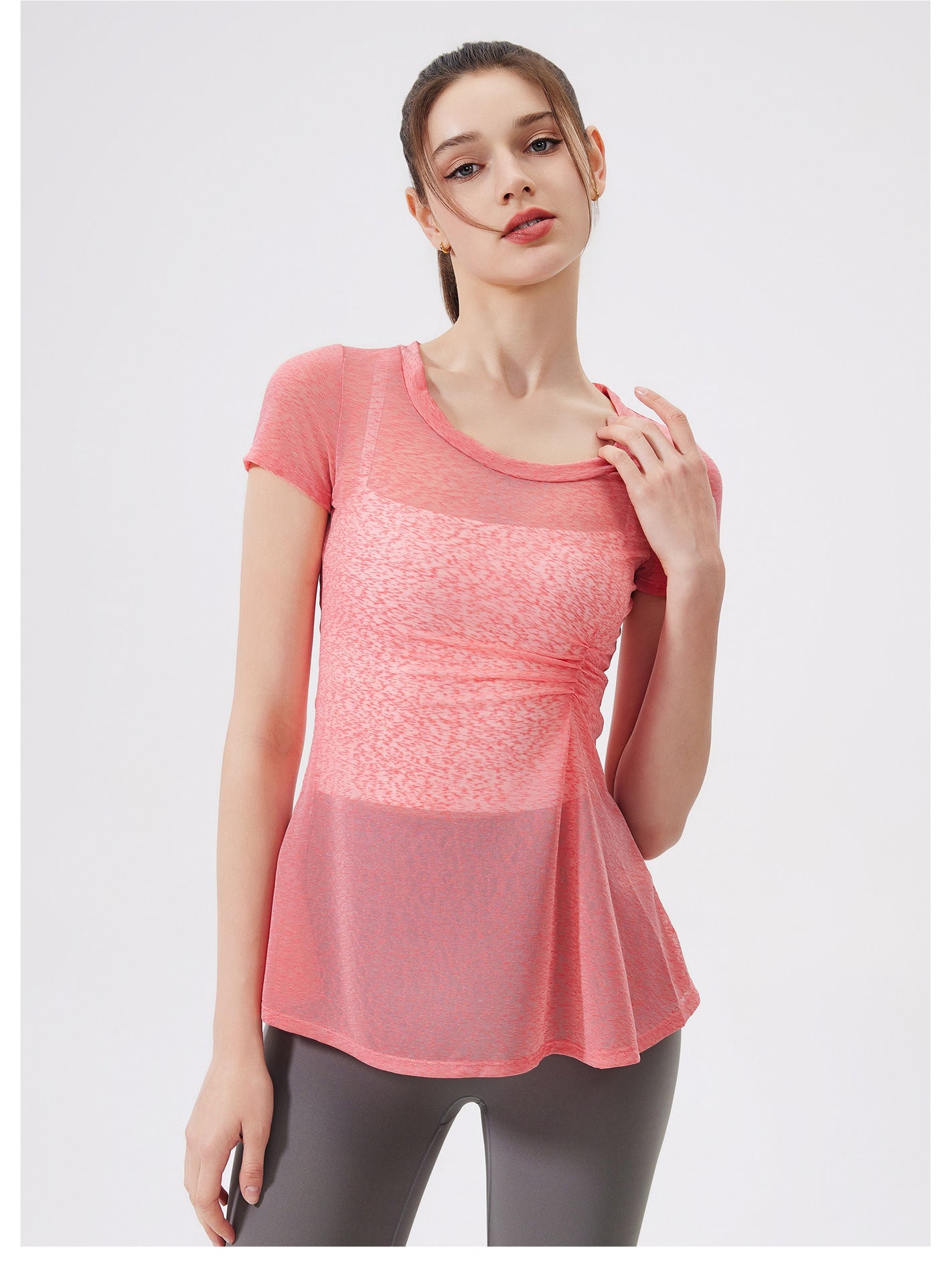Thin Short Sleeve Slim Fit Breathable Yoga Blouse round Neck Mid Length Waist Fitness Clothes Yoga Clothes Workout Top