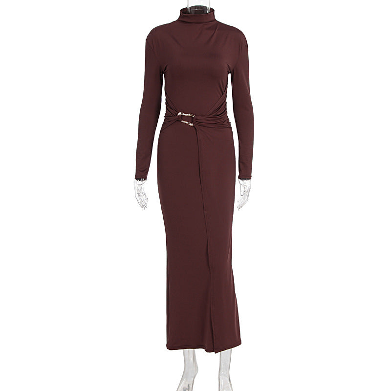 Fall Half High Collar Long Sleeves Tight Waist Slim Dress Women