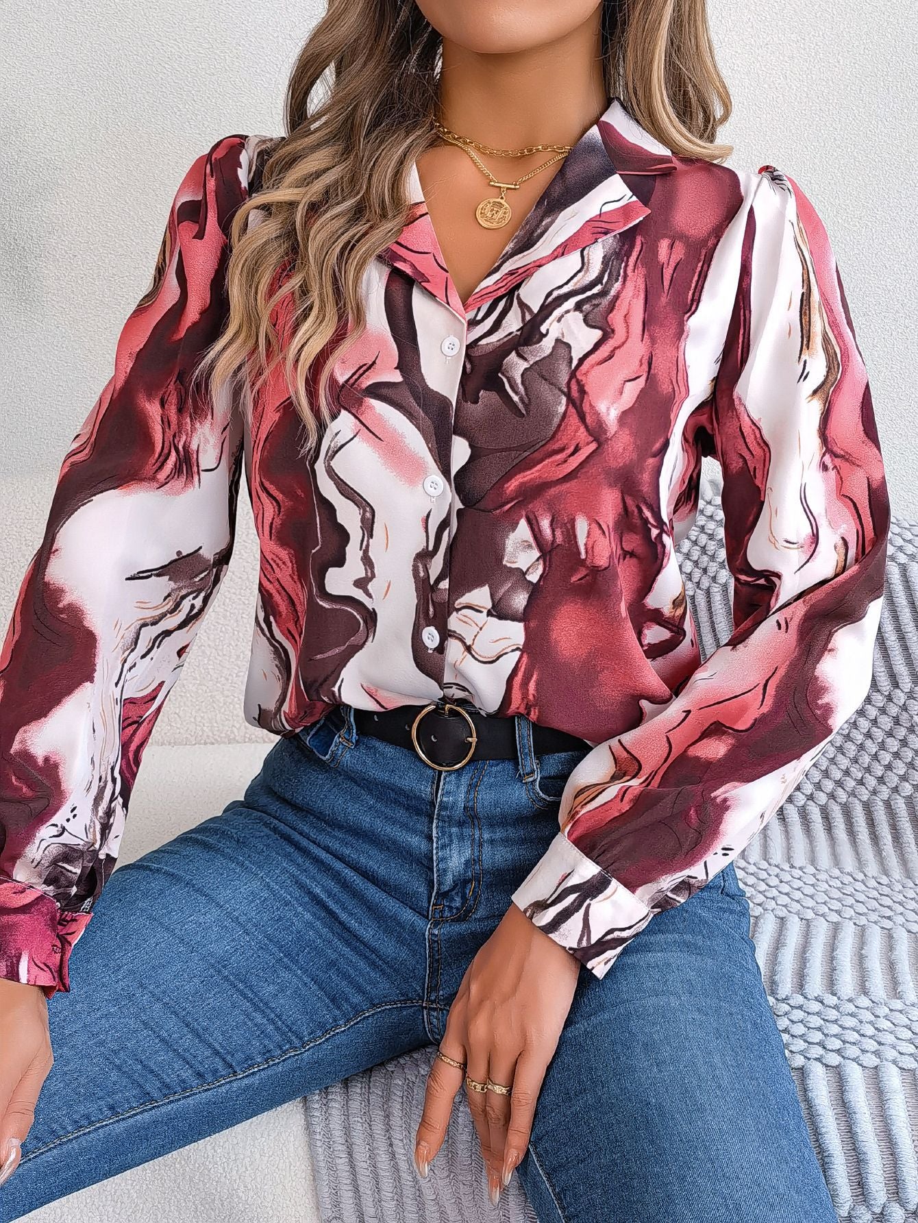 Autumn Winter Casual Contrast Color Striped Collar Long Sleeve Shirt Women Clothing