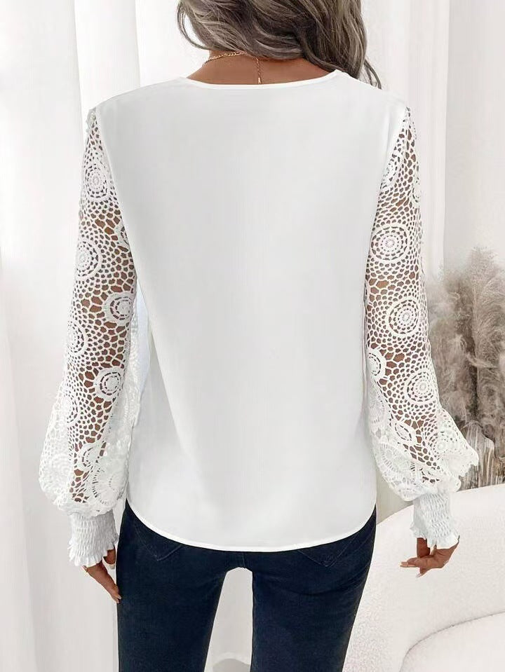 Solid Color Stitching Embroidery Long Sleeve V neck Spring Summer Elegant Graceful Women Top