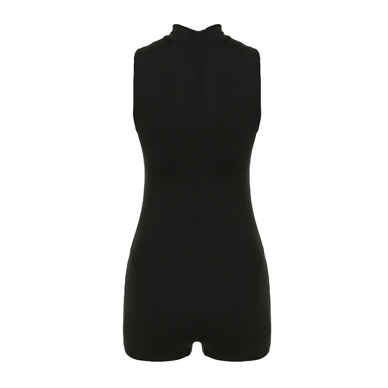 Street Mesh Stitching Hollow Out Cutout Sleeveless Romper Sexy Solid Color Tight Sports Waist Shaping Trousers