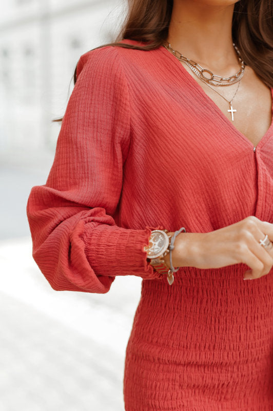 Autumn Winter Long Sleeve Elegant Ruffled V-neck Dress