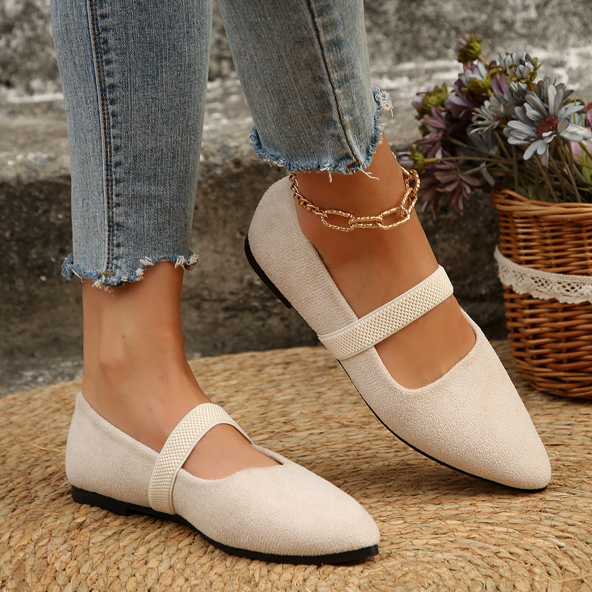 Pointed Toe Rhinestone Low Cut Flat Pumps Women Suede Four Seasons Work Shoes Supply