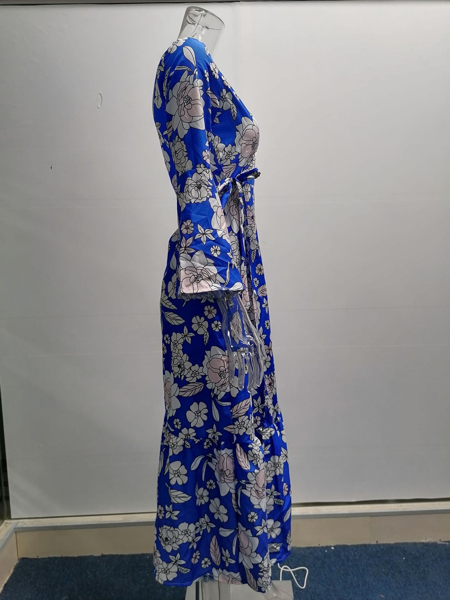 Autumn Winter Long Sleeve Tied V-neck Printed Dress Women Clothing Plus Size