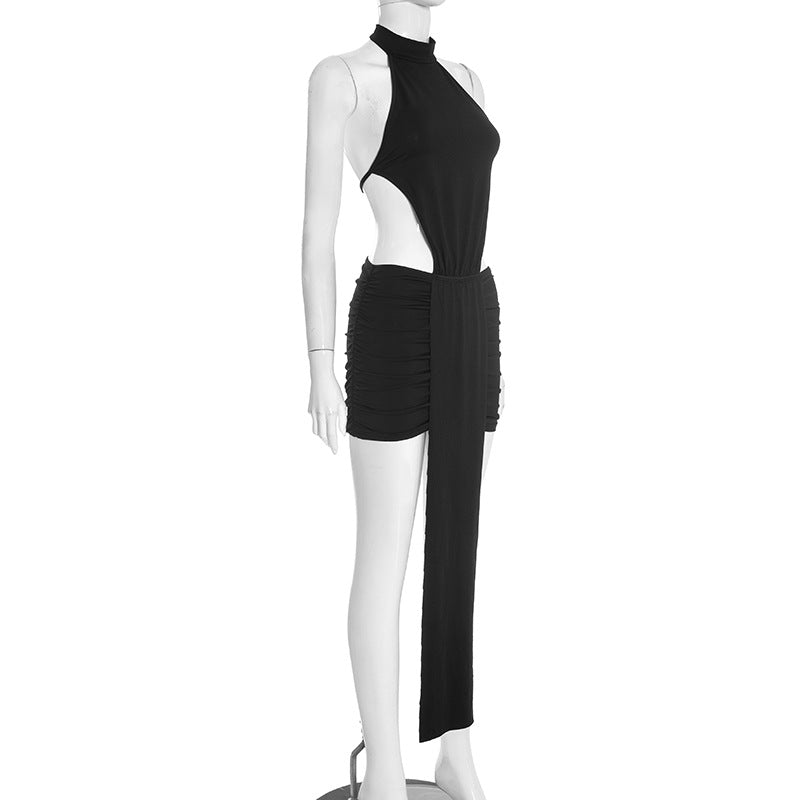 Women Clothing Spring Solid Color Stitching Sexy Slim Hollow Out Cutout Ribbon Short Sleeveless Dress