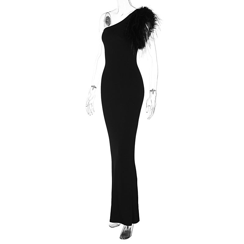Dress Elegant Noble Solid Color Shoulder Stitching Feather Slim Slimming Long Evening Dress for Women