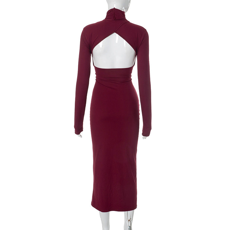 Women Sexy Slim Deep Cerise Hollow Out Cutout Split Mid Length Dress