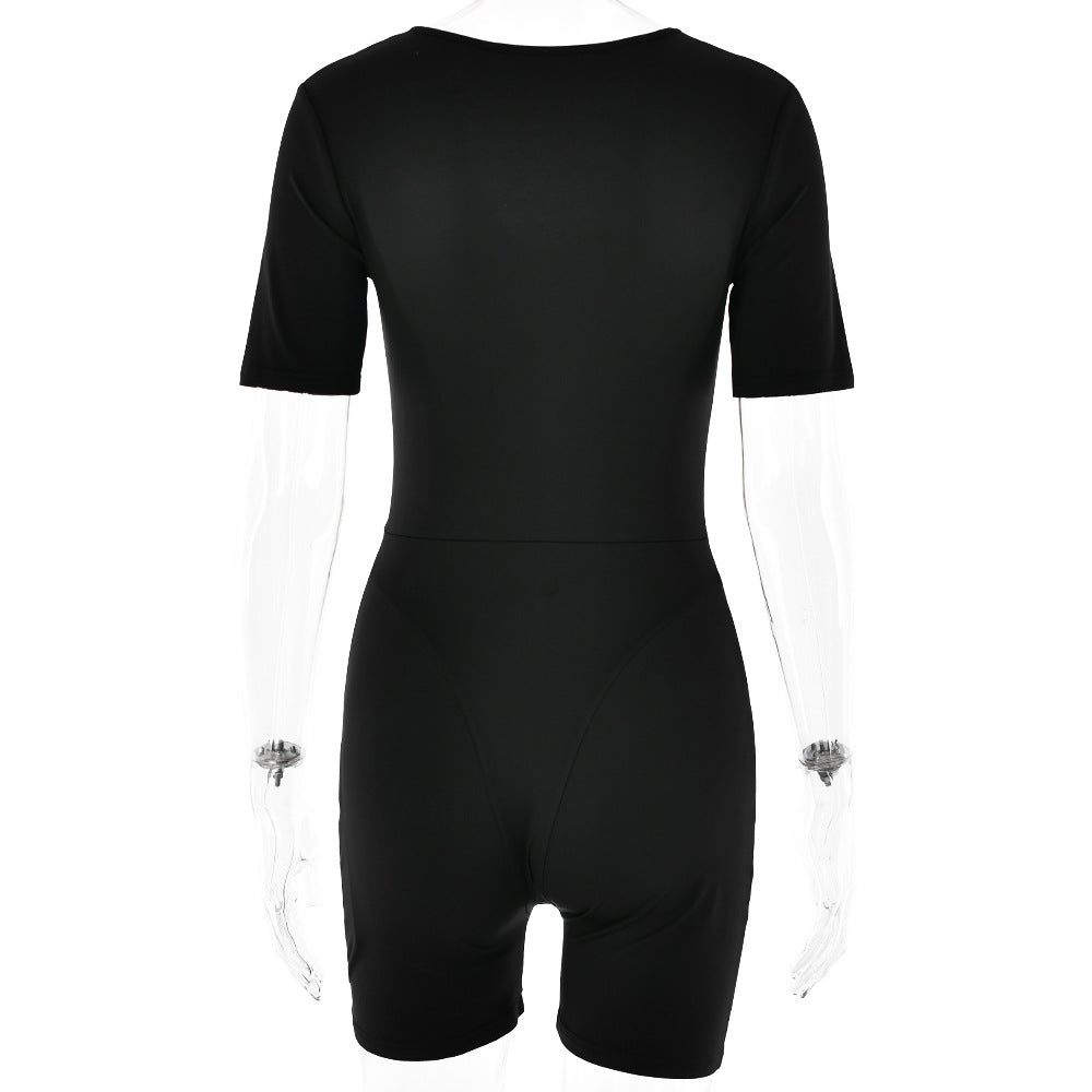 Popular Sexy Tight Jumpsuit Spring Summer Short Sleeve V Neck Patchwork Bottoming Shirt Women