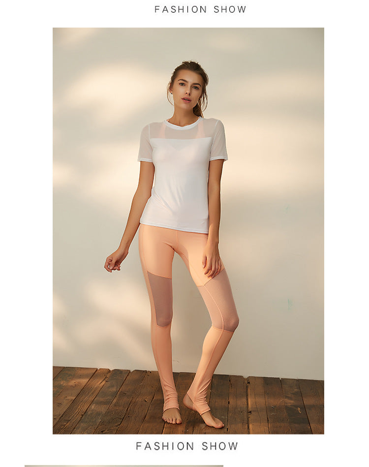 Quick-Drying Yoga Fitness Sportswear Breathable Mesh Stitching Running Exercise T-shirt Women
