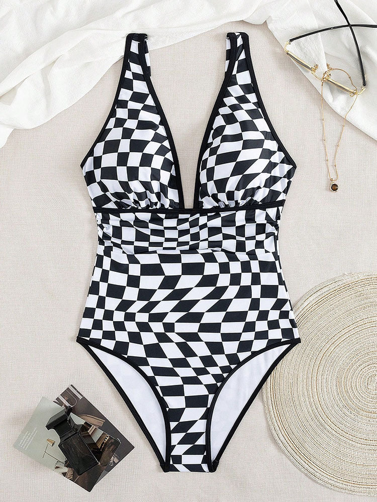 Swimsuit V neck Plaid One Piece Swimsuit Women Beach Spring Bikini