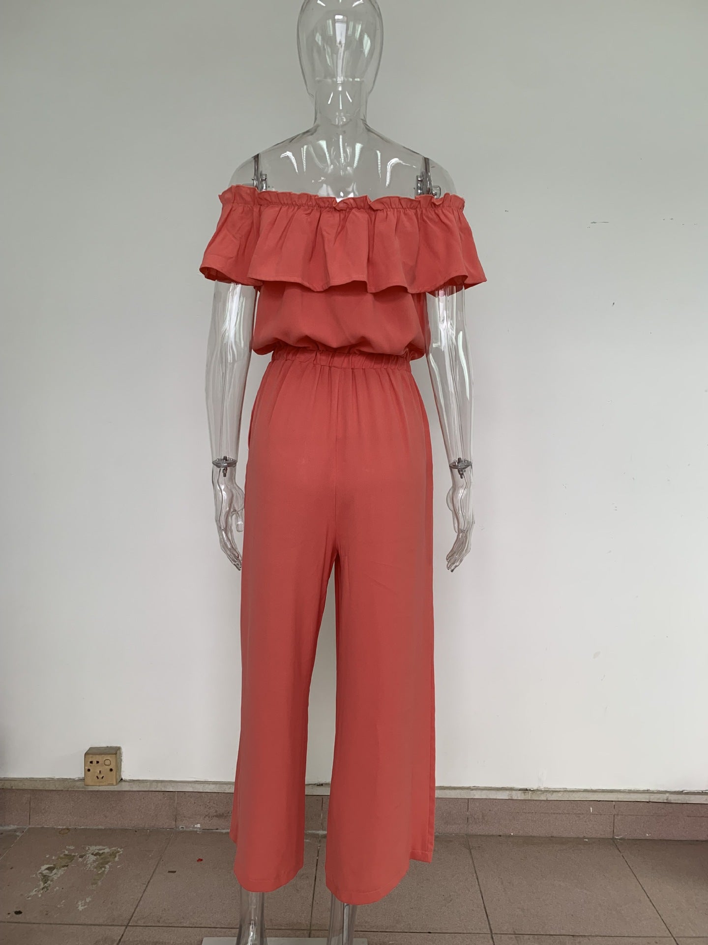 Casual Jumpsuit Summer off Shoulder Ruffled Solid Color Wide Leg Jumpsuit