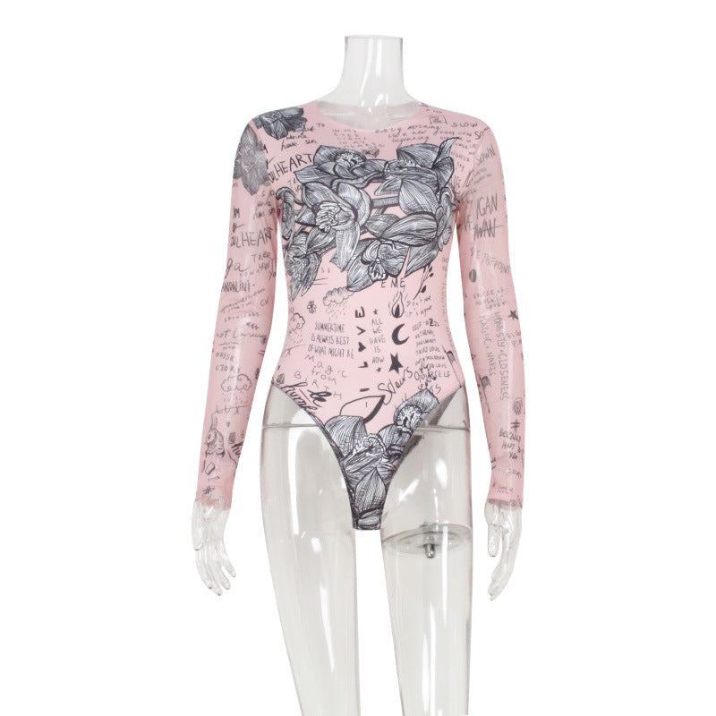Autumn Women Clothing round Neck Long Sleeve Sexy Mesh Floral Print Jumpsuit Slim Fit Sexy Thin Top