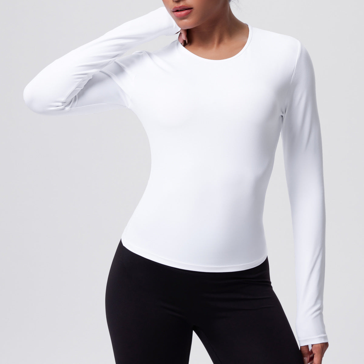 Casual Solid Color Sports Long Sleeve Waist Slim Fit Breathable Yoga T shirt Running Training Nude Feel Workout Top