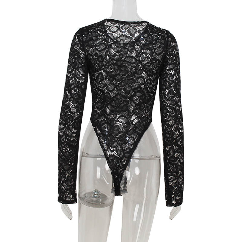 Sexy Women Clothing Lace Jacquard See through Slim Fit Long Sleeve Sexy Women Jumpsuit