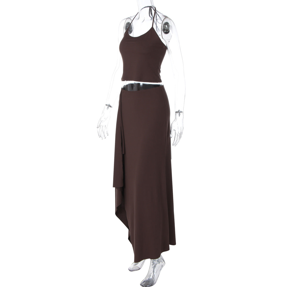 Autumn Close Fitting Sexy Halter Small Sling Irregular Asymmetric Solid Color Maxi Dress Two Piece Sets Women
