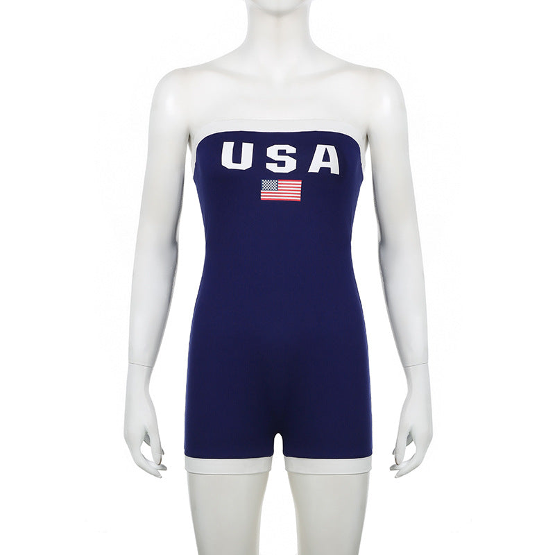 Sports Romper Summer Letter Graphic Print Contrast Color Horizontal Bra Tight Casual Jumpsuit for Women