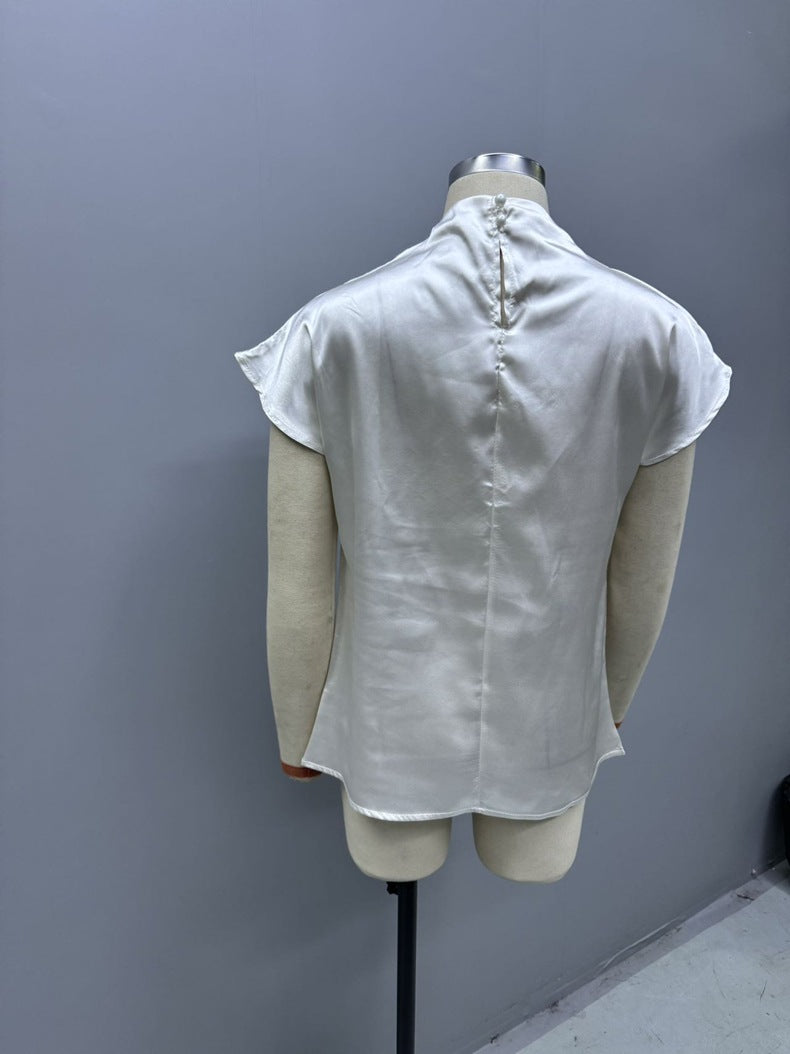 Round Neck Short Sleeve Left Shoulder Pleated T shirt Satin Women Top