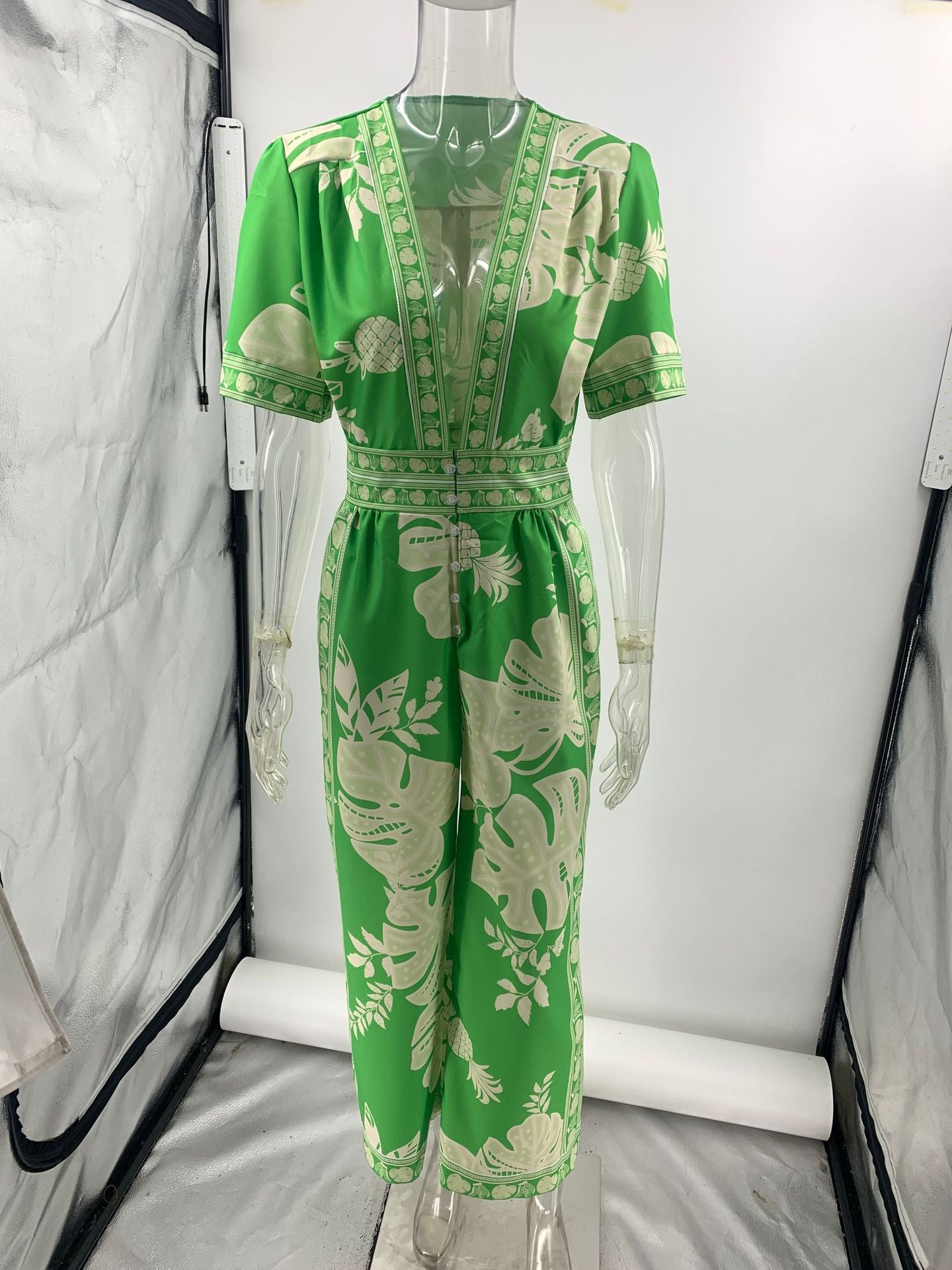 Summer Printed V neck Short-Sleeved Jumpsuit Women
