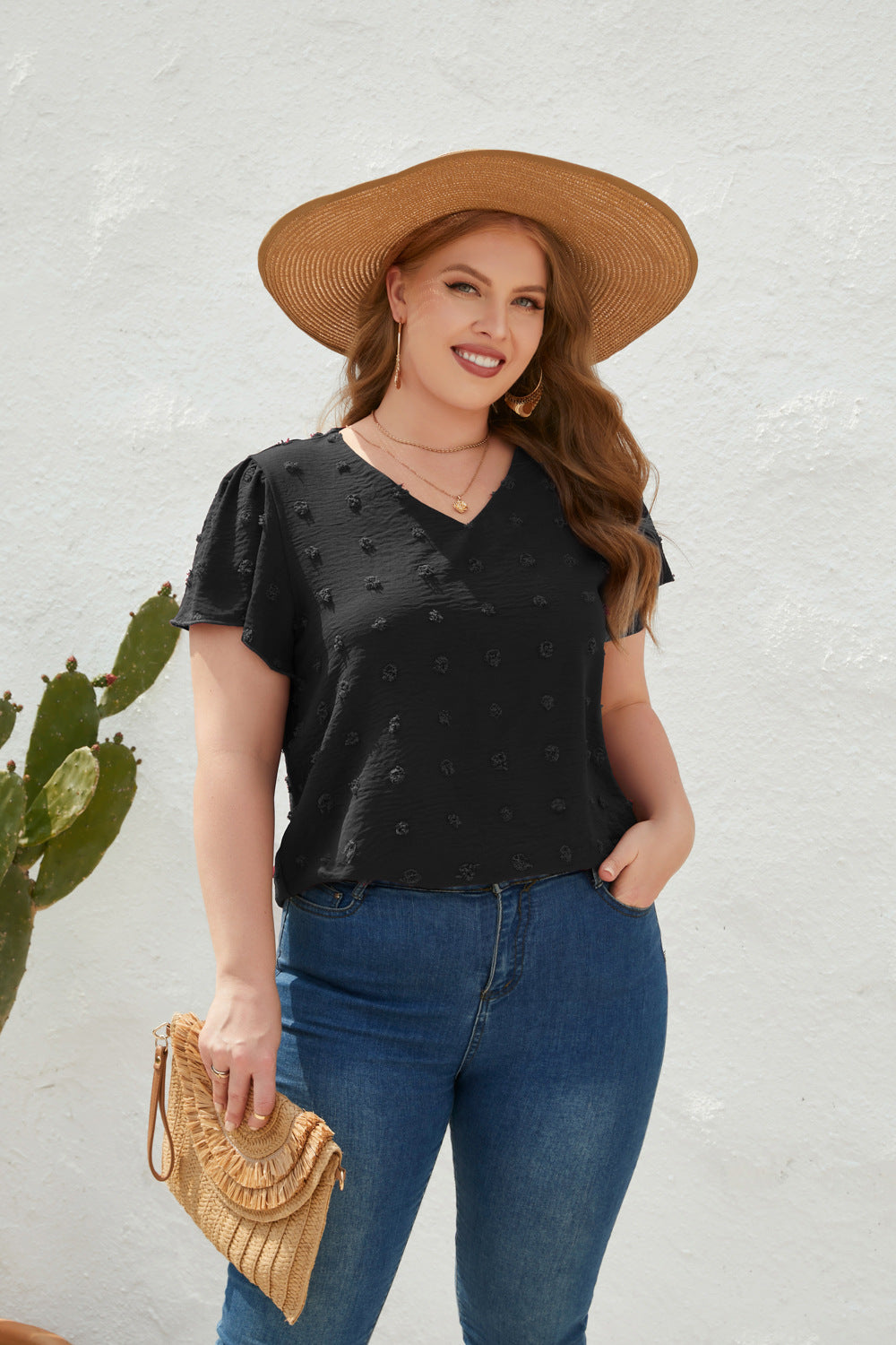 Plus Size Loose Fitting Casual T shirt Spring Summer Women Clothing V neck Fur Ball Short Sleeve Office Top
