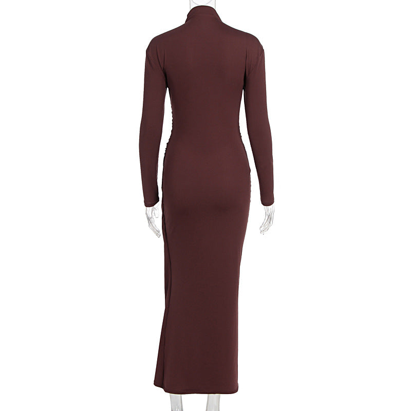 Fall Half High Collar Long Sleeves Tight Waist Slim Dress Women