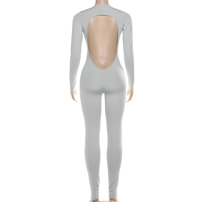 Fall Women Clothing Sexy Backless Deep V Plunge Long Sleeve Solid Color Tight Jumpsuit