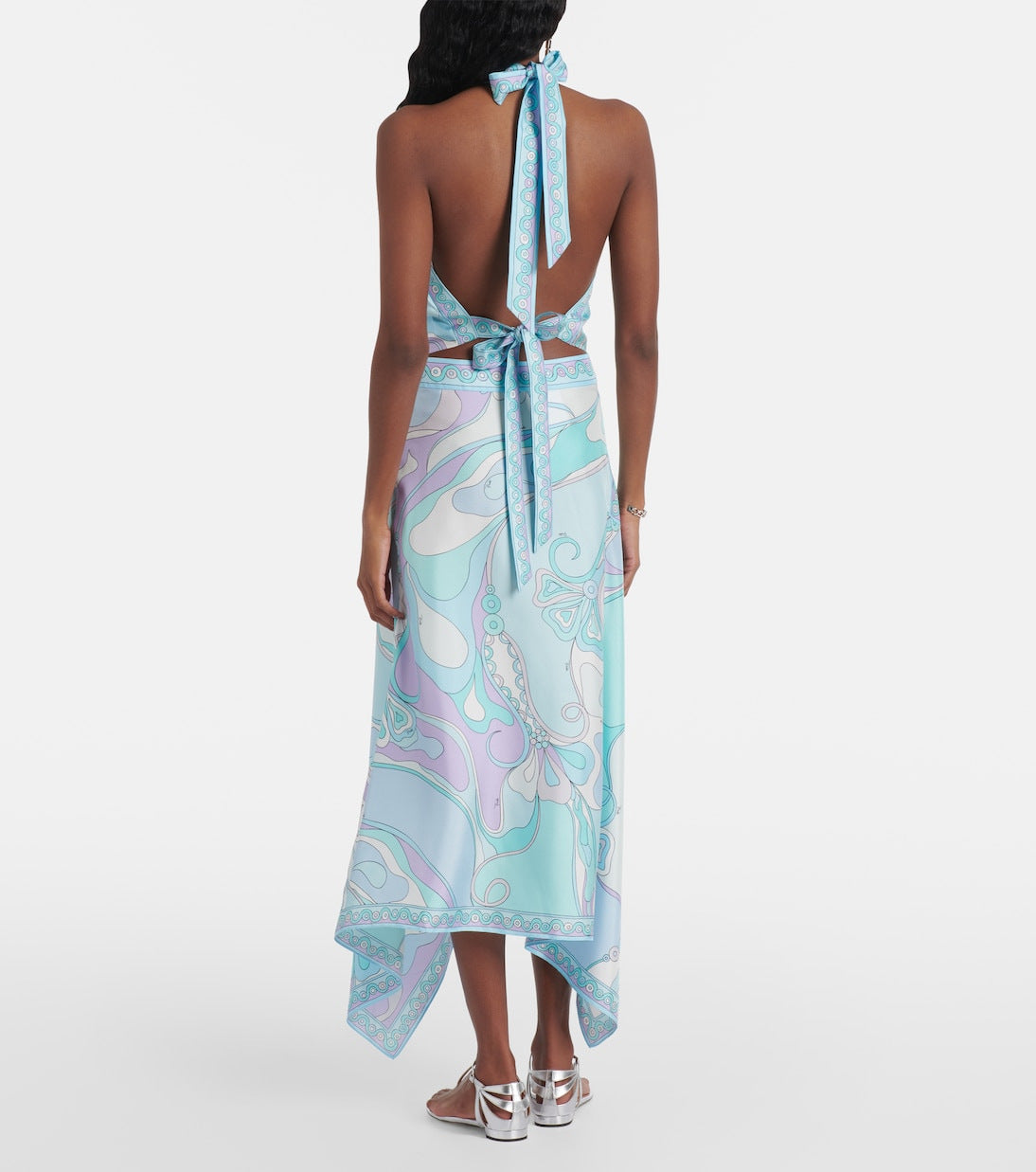 Printed Satin Halter Backless Top Irregular Asymmetric Skirt Two Piece Sets