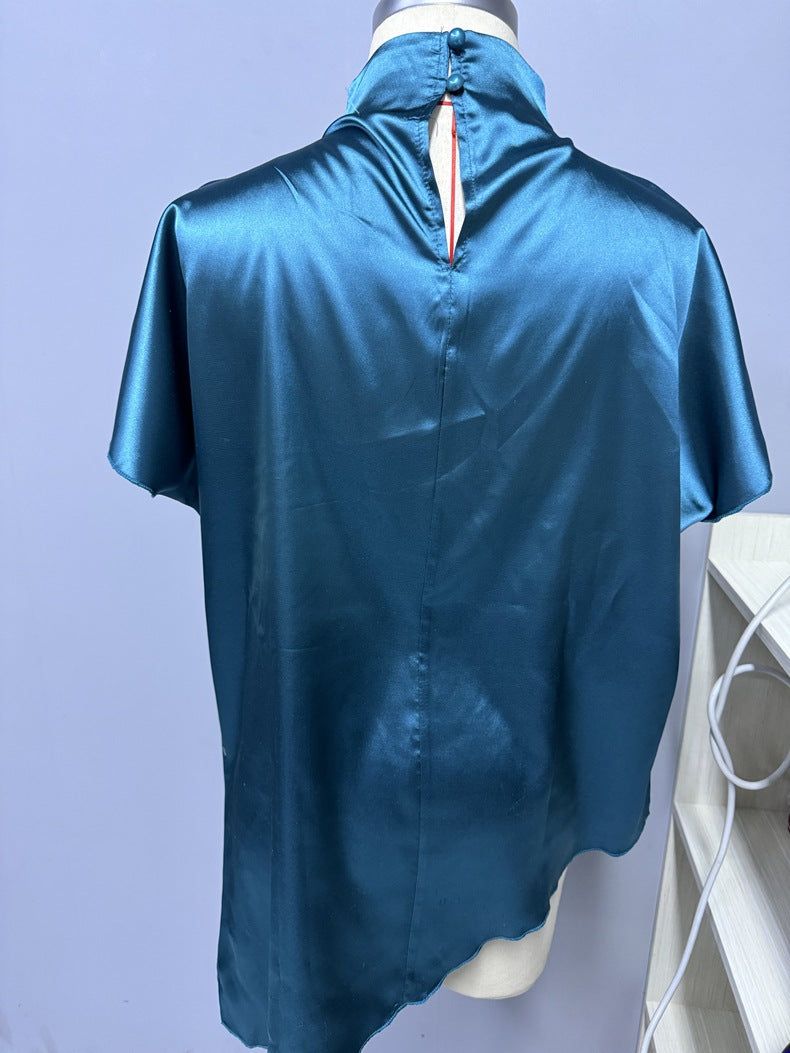 Satin Shirt Autumn Winter Batwing Sleeve Asymmetric Hem Shirt Top