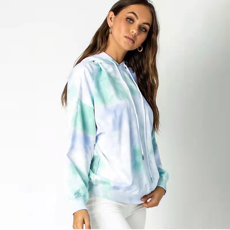 Autumn Winter Tie-Dye Loose Hooded Drawstring Women Clothing Urban Casual Long Sleeves