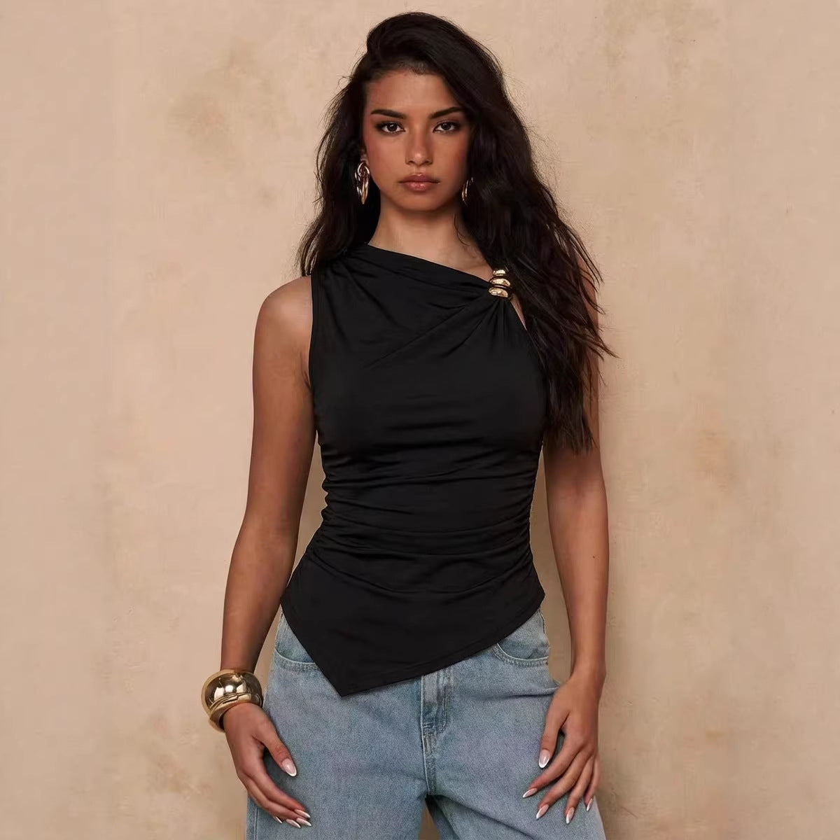 Metal Buckle Solid Color Irregular Asymmetric Pleated Slim Fit Figure Flattering Sleeveless Vest Top Women