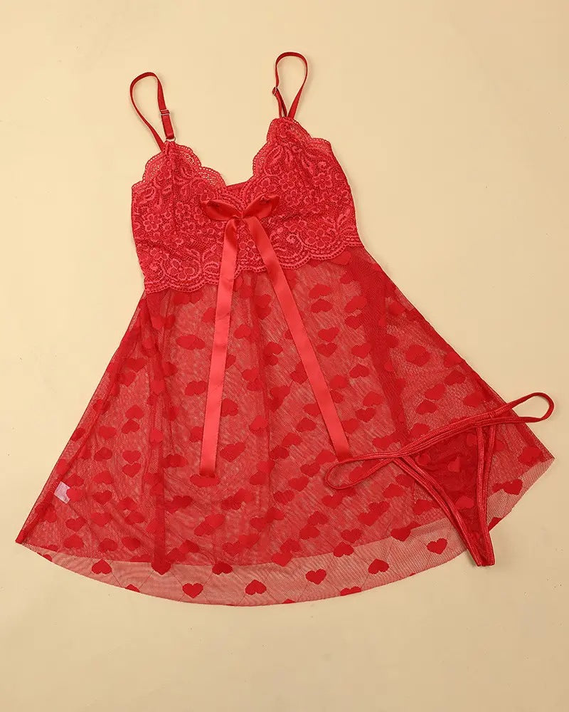 Sexy Lace Seduction Transparent Heart Printing Mesh Camisole Sexy Lingerie