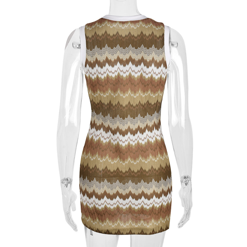 Women Clothing Spring Pattern Print round Neck Contrast Color Sexy Dress
