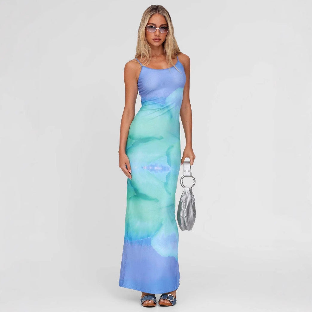 Summer Sexy Gradient Printing Sling Slim Slimming Sheath Dress Women Clothing