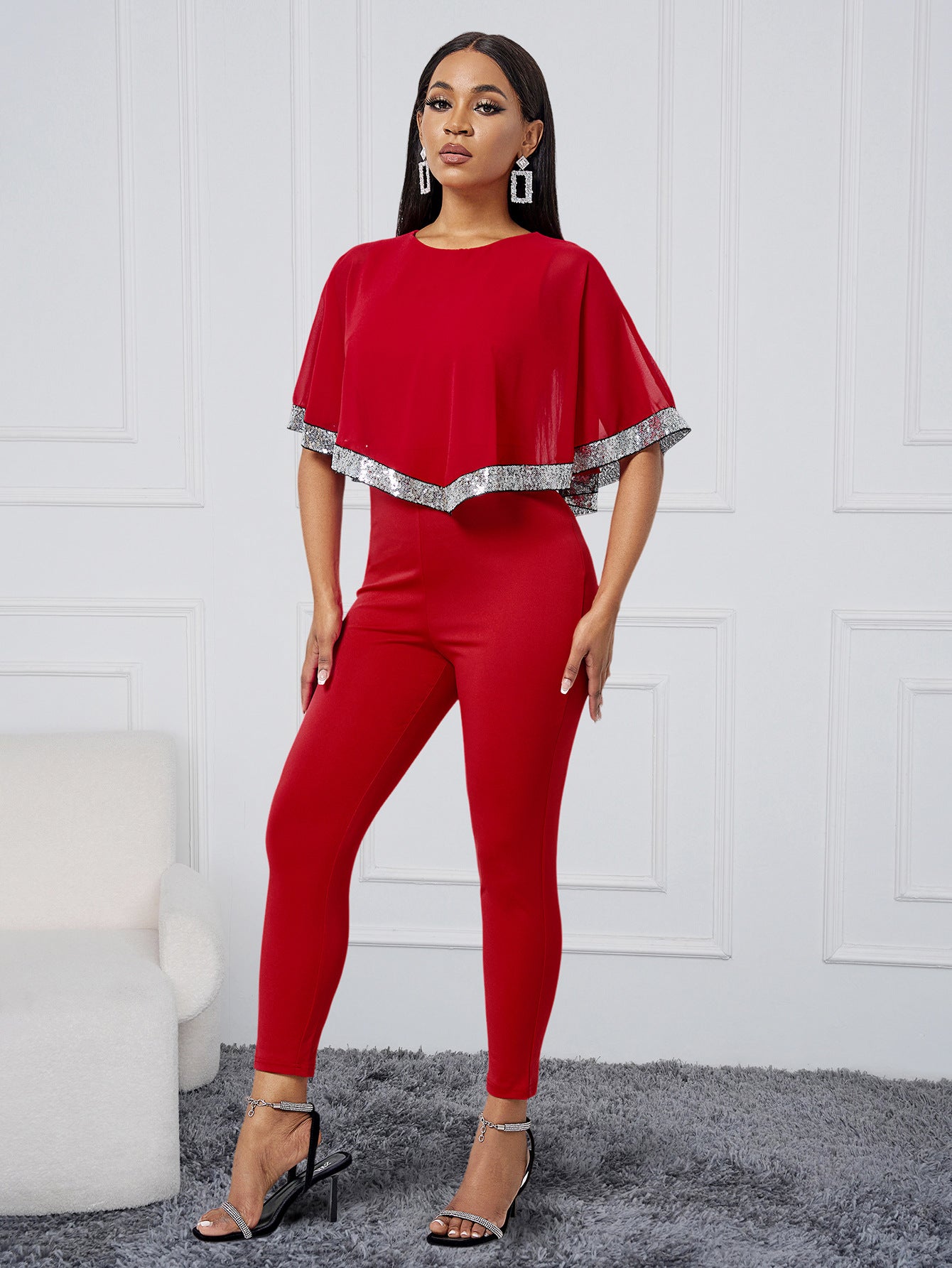 Women Clothing Arrival Fashionable Sequ Stitching Tight Jumpsuit Women Red Dress Women Slim Fit