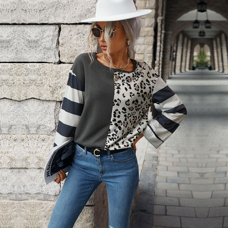 Autumn Winter Women Stitching Long-Sleeved Striped Sweater