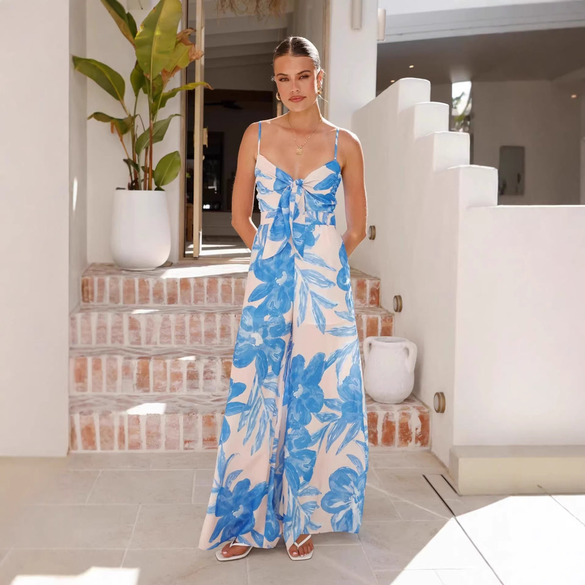 Summer Jumpsuit Plant Print Knotted Wide Leg High Waist Straight Jumpsuit Women